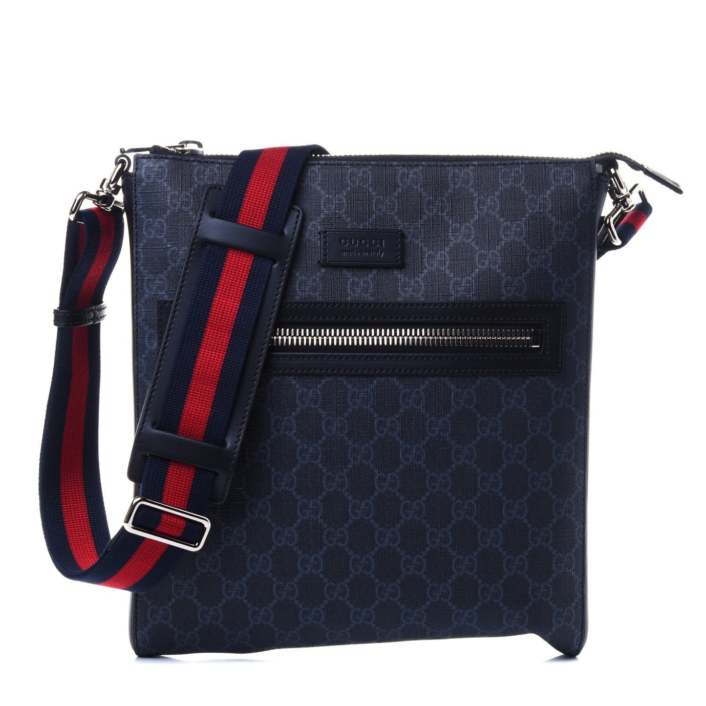 GG Supreme Monogram Appia Calfskin Web Flat Messenger Bag Black Grey