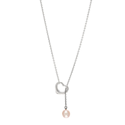 Tiffany Sterling Silver Pink Pearl 9-9.5mm Elsa Peretti Open Heart Lariat Necklace 1 of 5