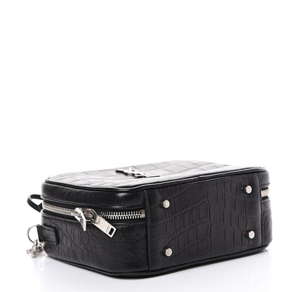 Saint Laurent Calfskin Crocodile Embossed Monogram Lunch Box Bag Black 3 of 15
