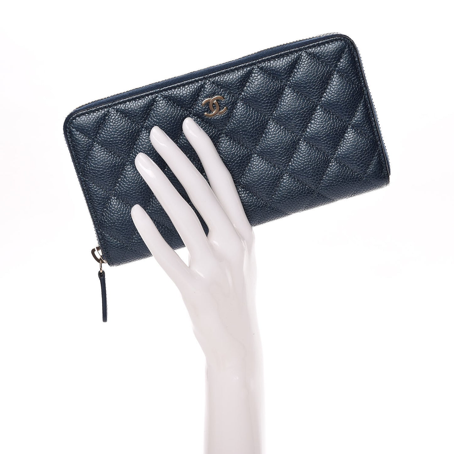 Metallic Caviar Quilted Large Gusset Zip Around Wallet Dark Blue