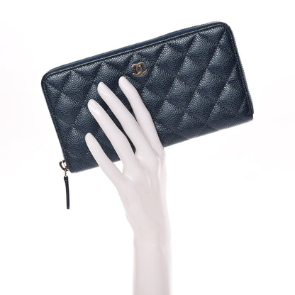 Chanel Metallic Caviar Quilted Large Gusset Zip Around Wallet Dark Blue 2 of 11