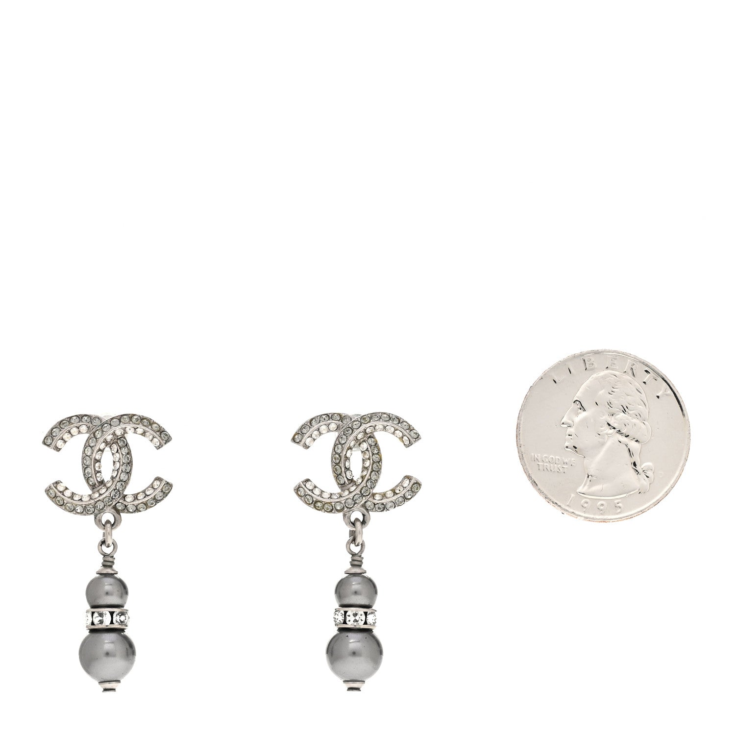 Chanel Crystal Pearl CC Drop Earrings Silver Grey 2 of 4