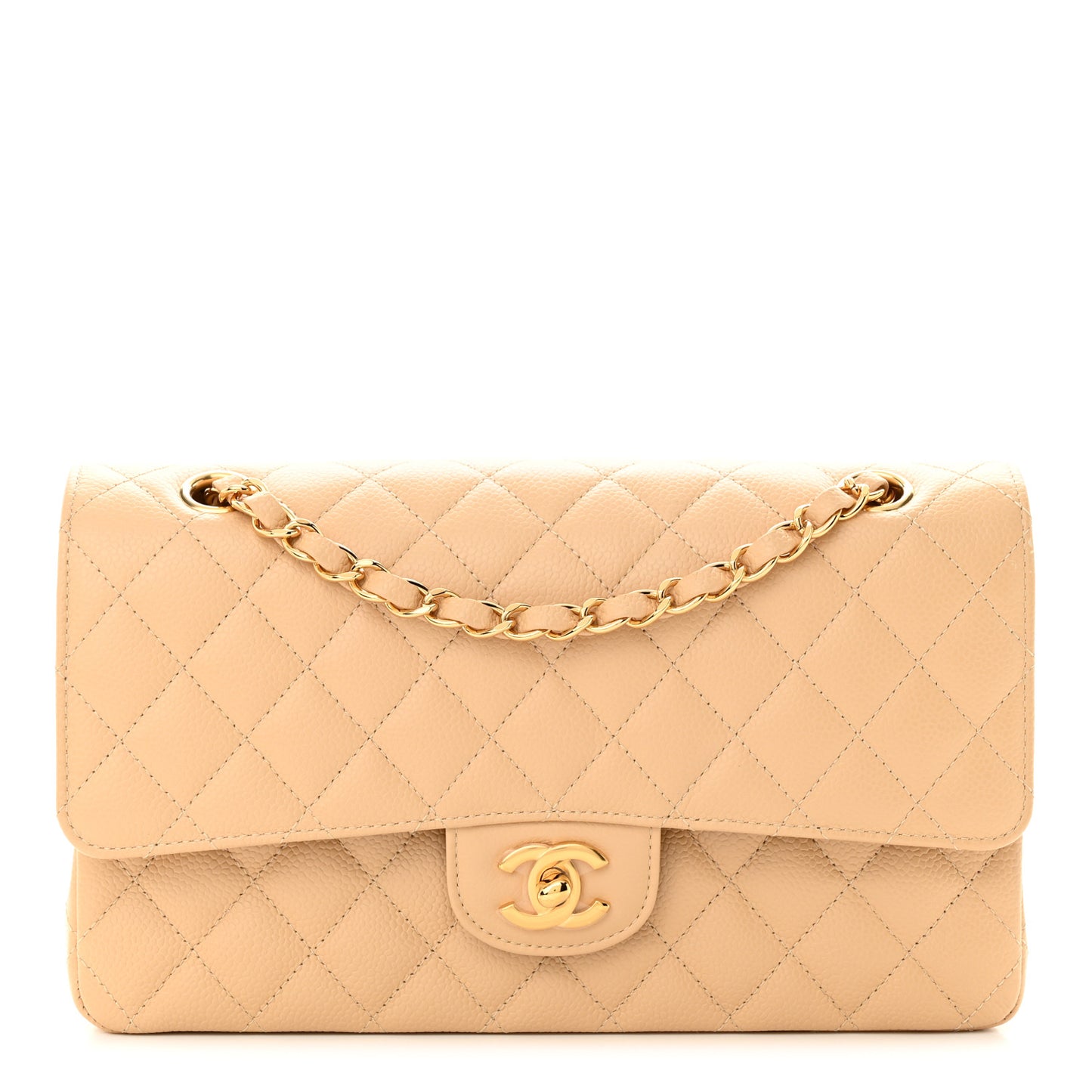 Caviar Quilted Medium Double Flap Beige