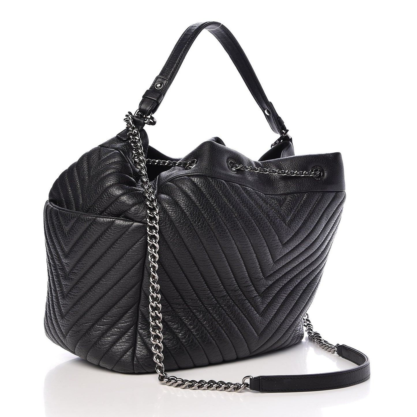 Deerskin Chevron Large CC Chain Bucket Drawstring Bag Black