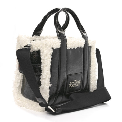 Marc Jacobs Shiny Calfskin Faux Shearling Mini The Traveler Tote Bag Black 3 of 9
