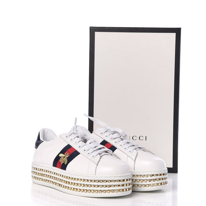 Gucci Calfskin Crystal Web Bee Embroidered Womens Ace Platform Sneakers 37 White 11 of 11