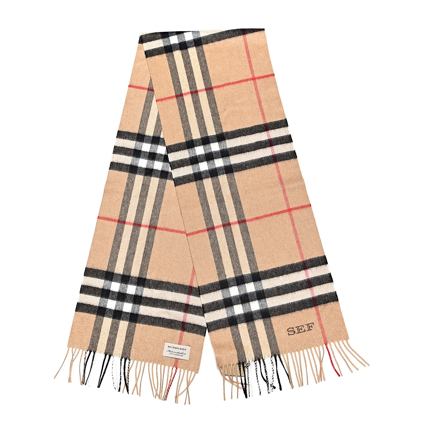 Cashmere Giant Check Fringe Scarf Camel
