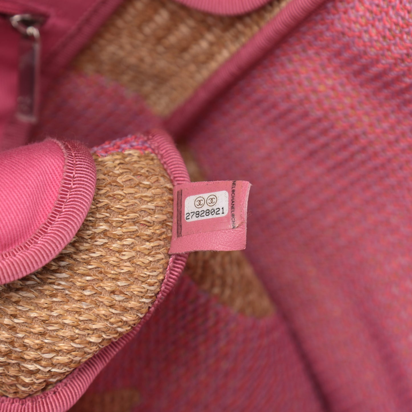 Woven Straw Raffia Logo Tote Pink Beige