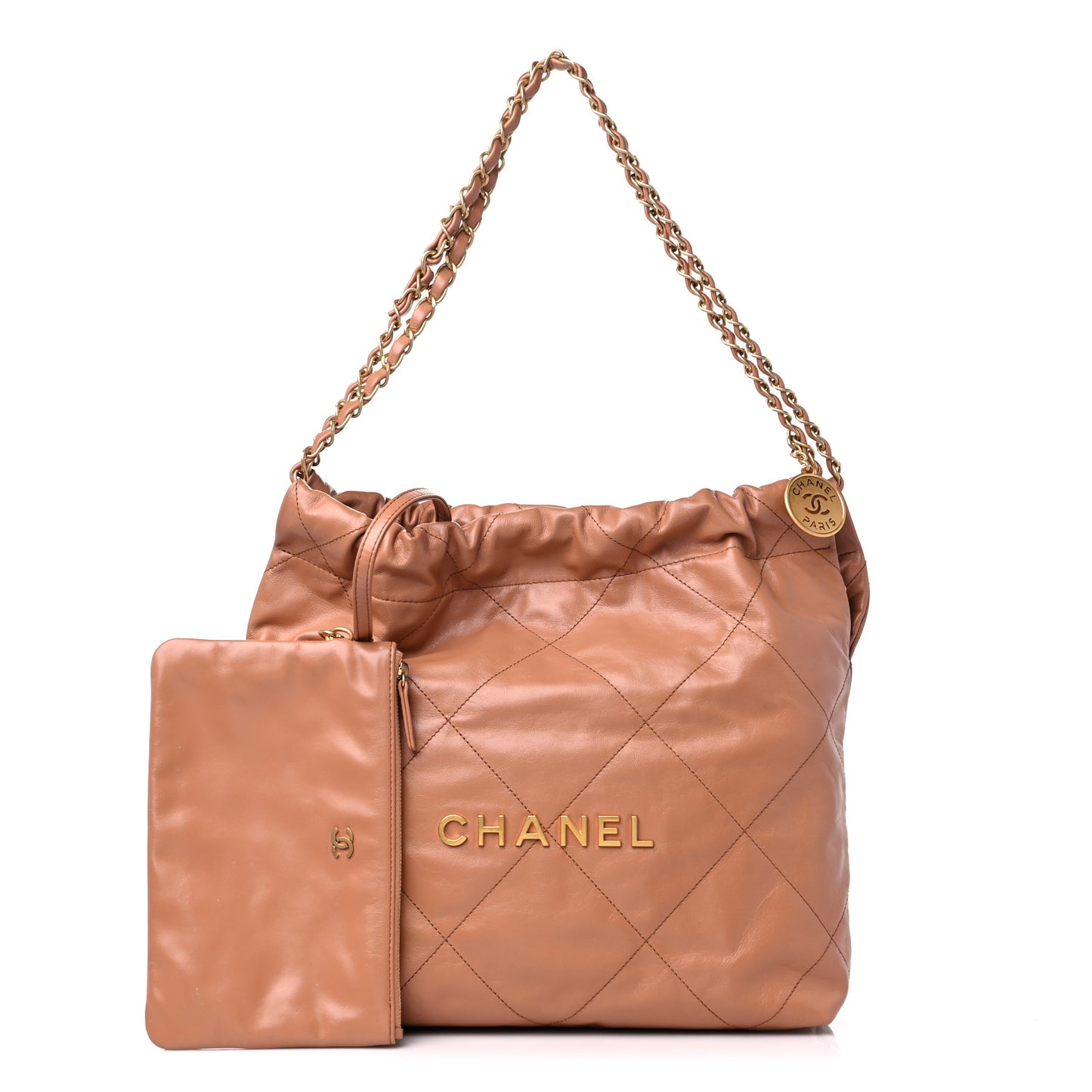Shiny Calfskin Quilted Small Chanel 22 Camel