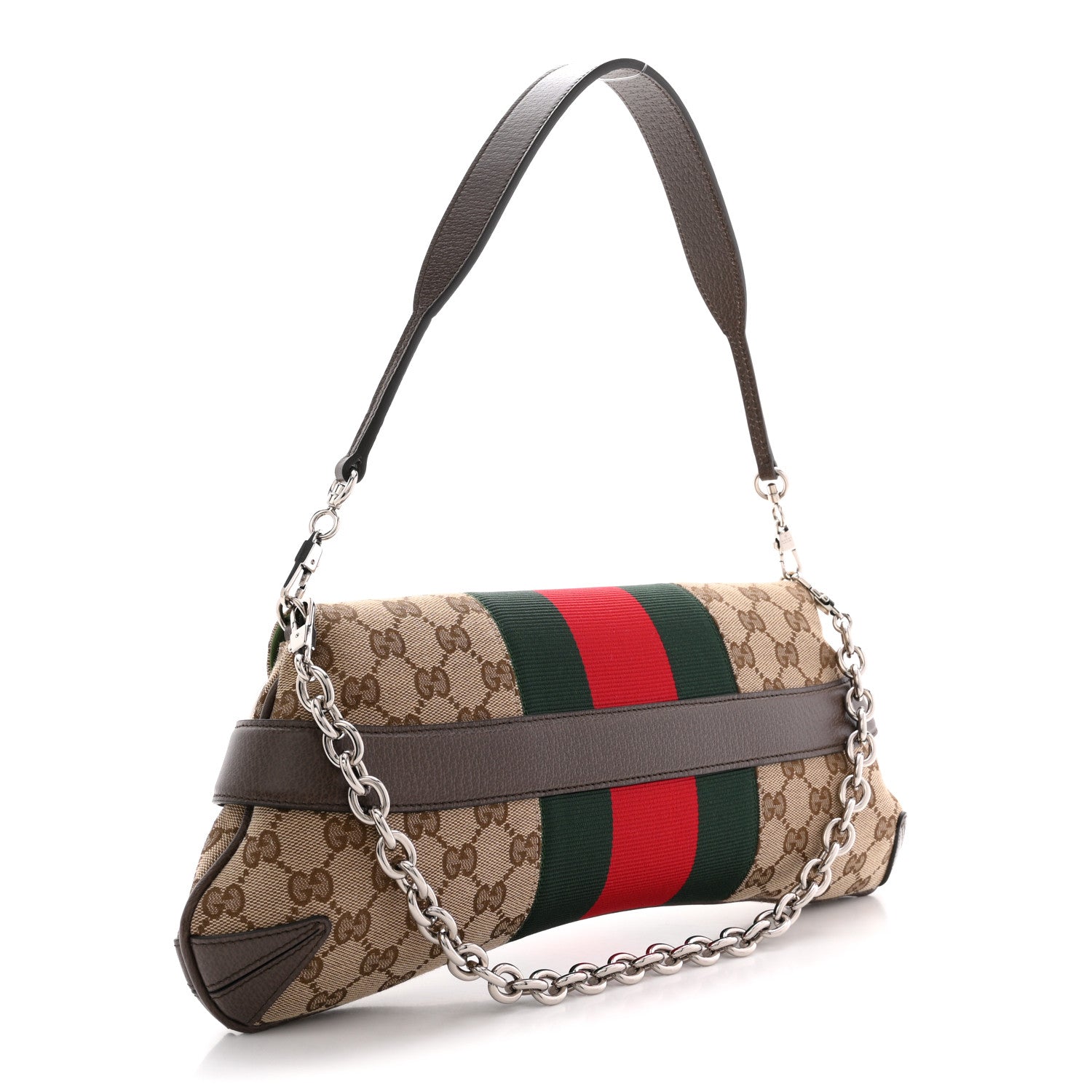 Gucci Monogram Textured Dollar Calfskin Heavy Grosgrain Web Medium Maxi Horsebit Chain Shoulder Bag Beige Ebony New Acero 3 of 10