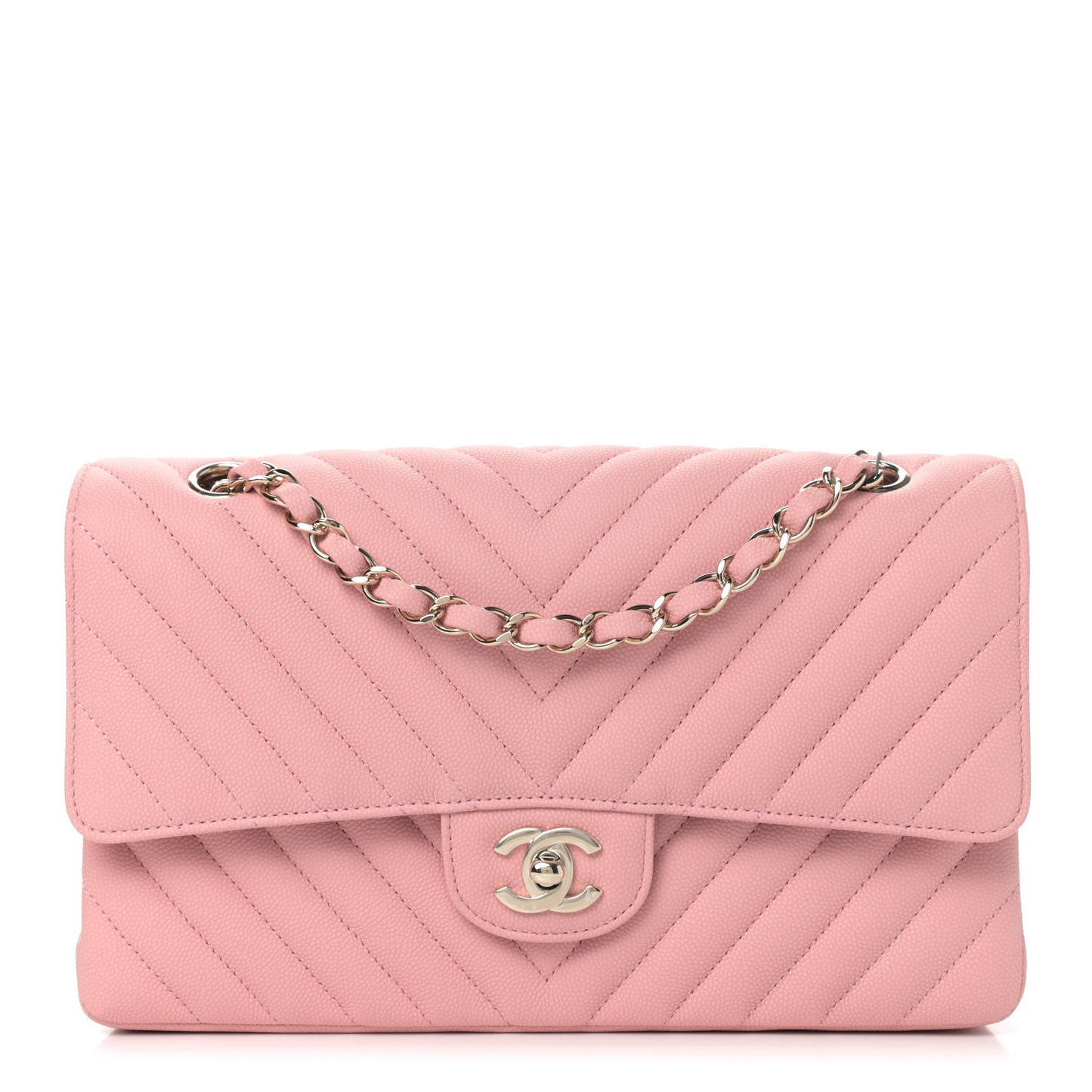 Caviar Flat Chevron Quilted Medium Double Flap Pink
