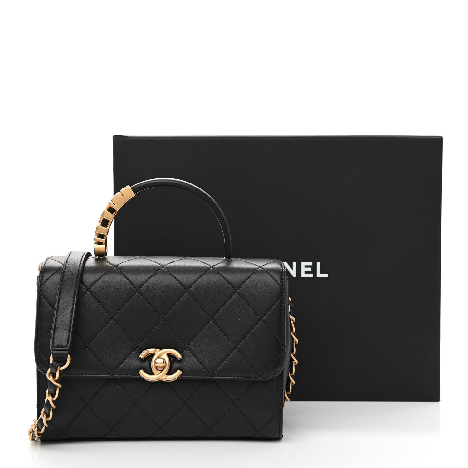 Chanel Lambskin Stitched Pearl Logo Top Handle Flap Black 11 of 11
