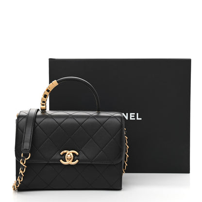 Chanel Lambskin Stitched Pearl Logo Top Handle Flap Black 11 of 11