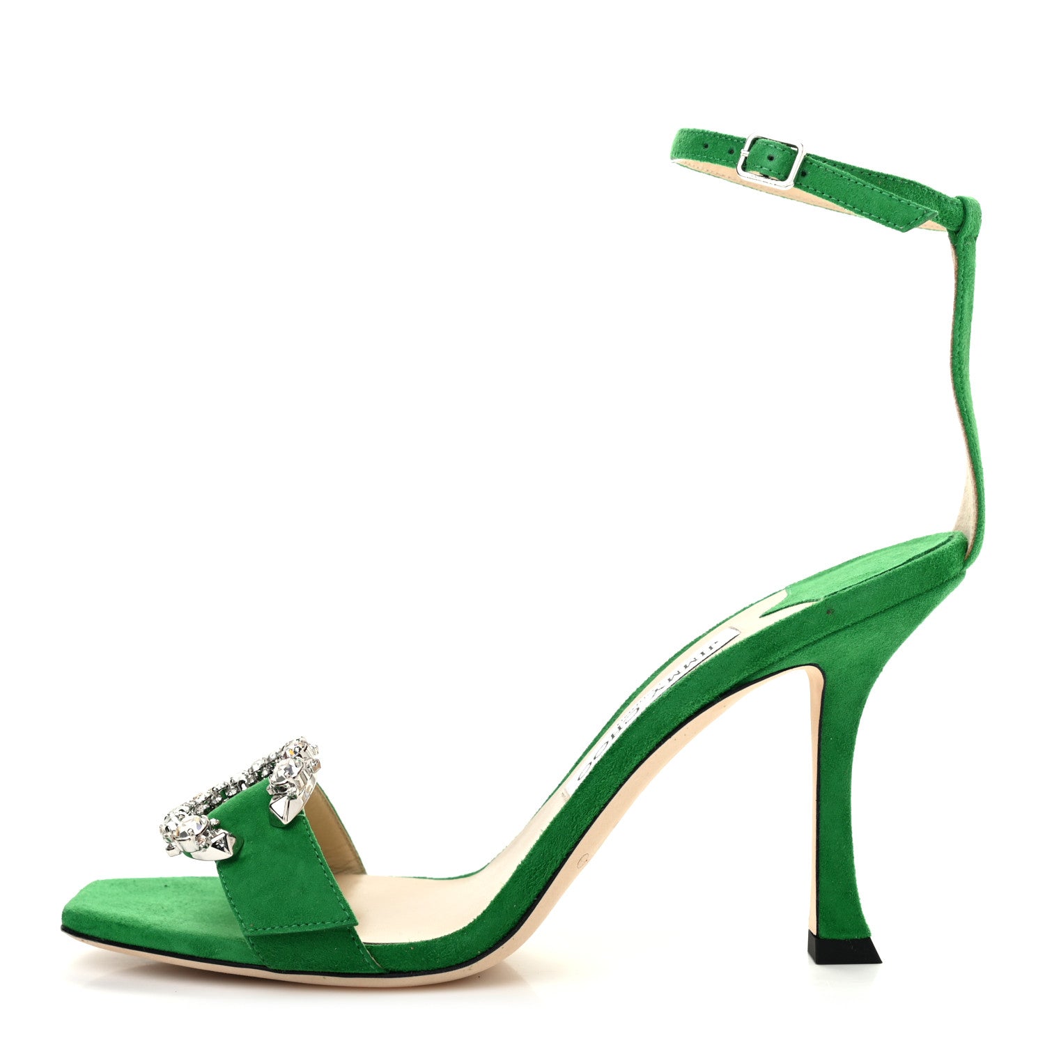 Jimmy Choo Suede Crystal Buckle Marsai 90 Sandals 38.5 Malachite 1 of 7