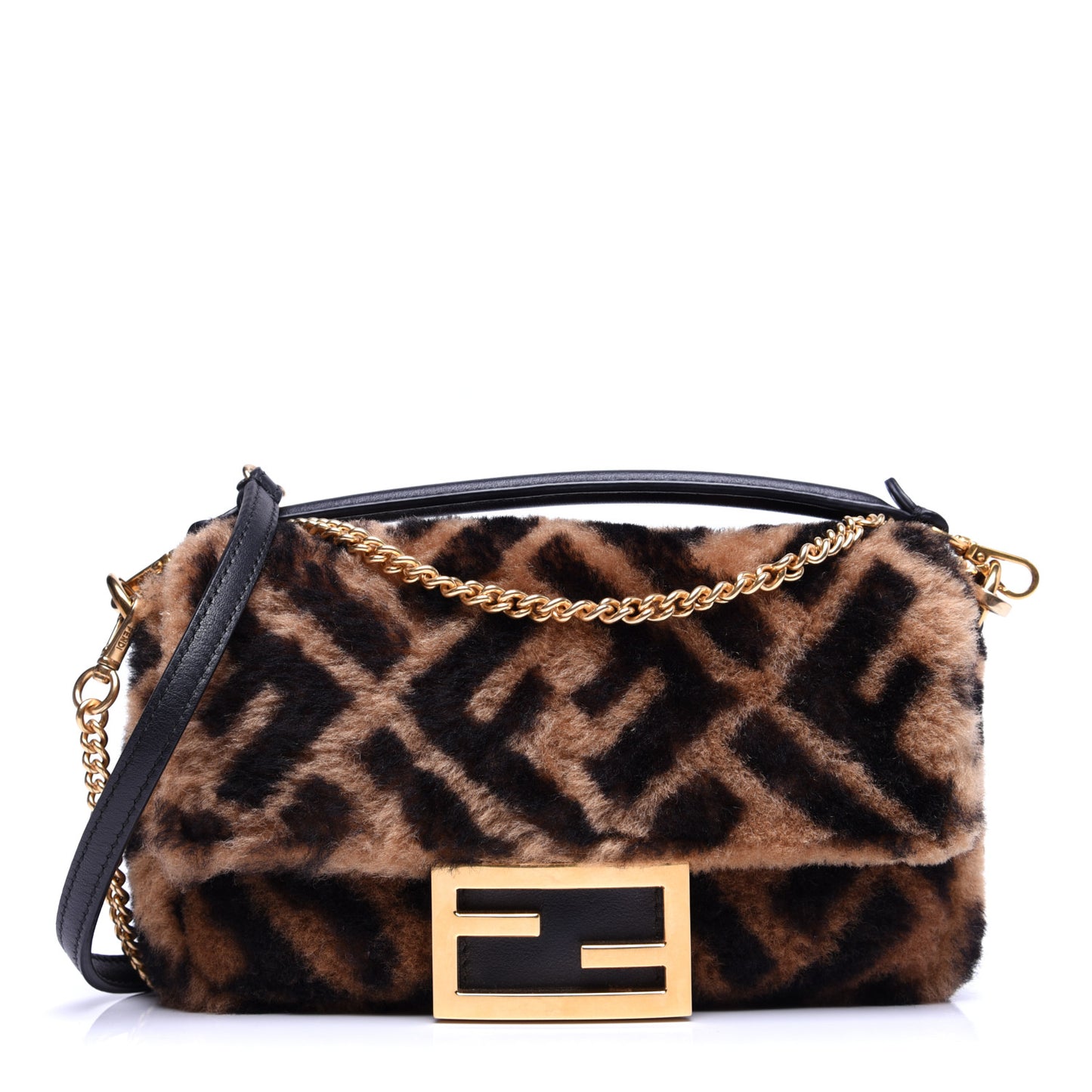 Shearling Vitello Dolce Macro FF 1974 Mini Baguette Tobacco Black