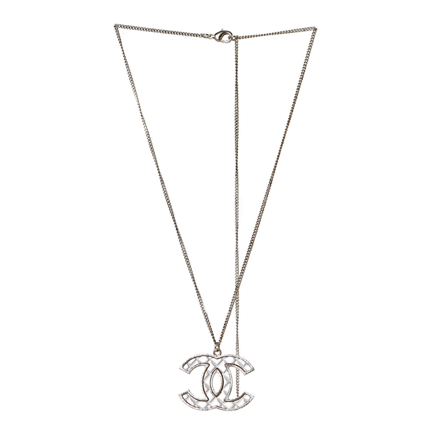 Chanel Metal Quilted CC Pendant Necklace Gold White 3 of 6