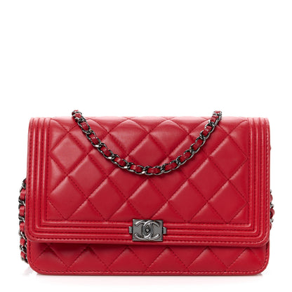 Chanel Lambskin Quilted Boy Wallet On Chain WOC Red 1 of 12
