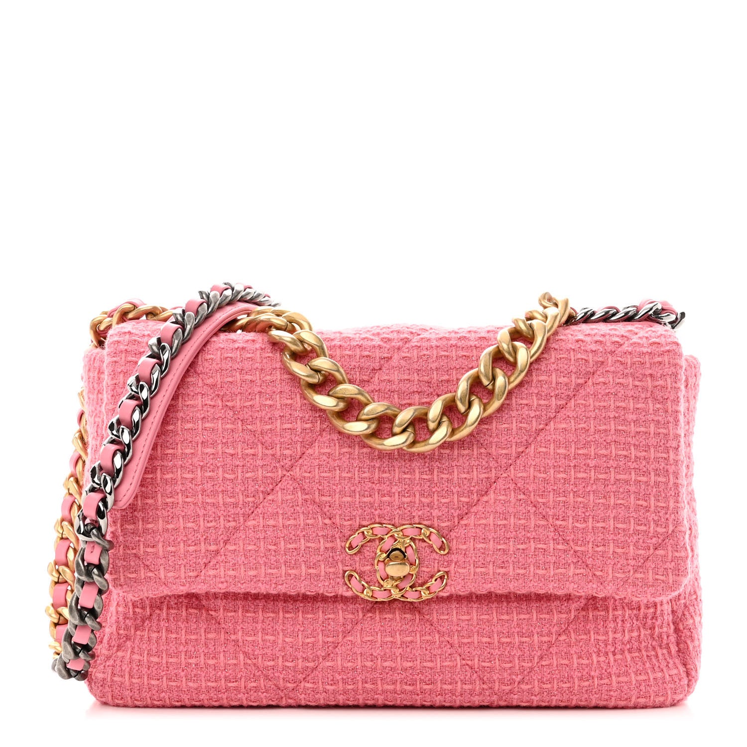 Chanel Metallic Tweed Quilted Large Chanel 19 Flap Pink 1 of 11