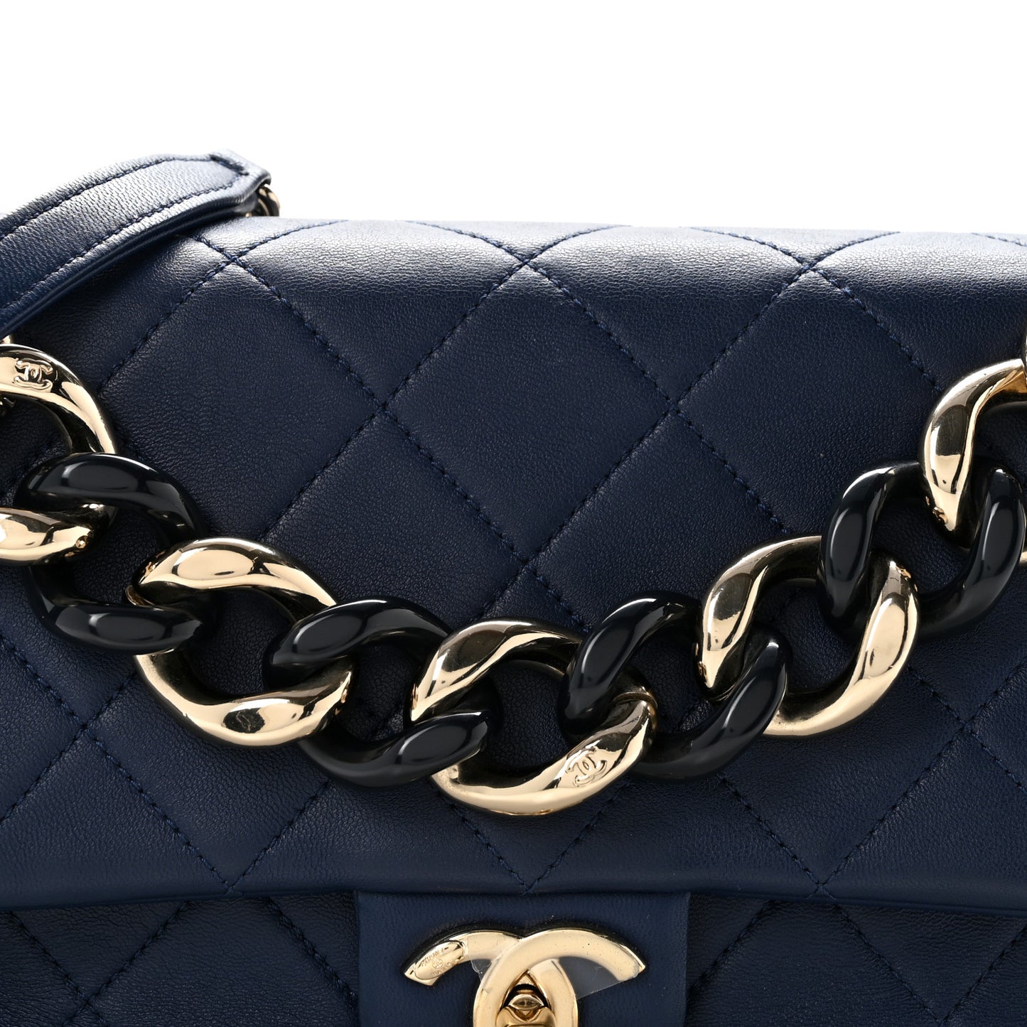 Lambskin Quilted Resin Bi-Color Chain Flap Bag Navy
