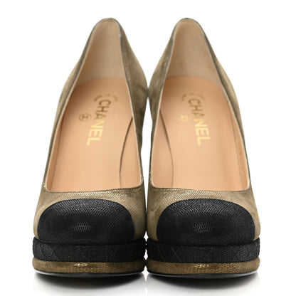 Chanel Metallic Fabric CC Cap Toe Pumps 39.5 Khaki Black 2 of 9