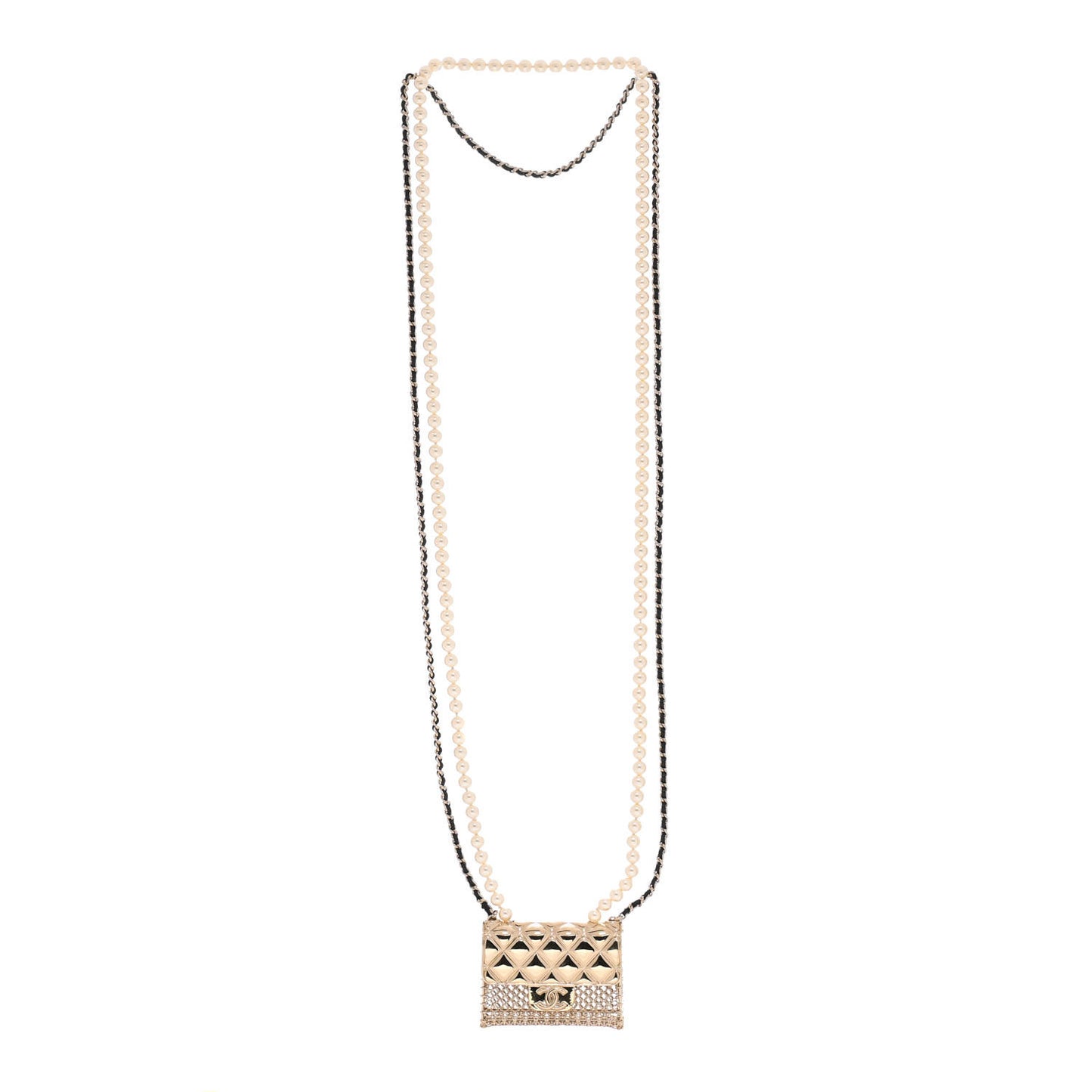Metal Lambskin Pearl Chain Flap Bag Long Necklace Gold Black Pearly White