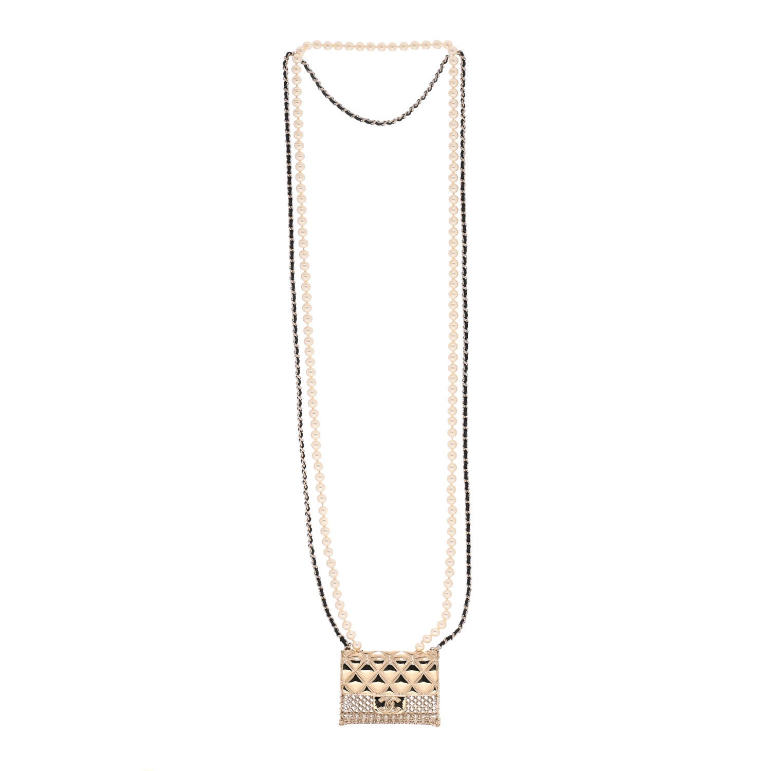 Chanel Metal Lambskin Pearl Chain Flap Bag Long Necklace Gold Black Pearly White 3 of 6