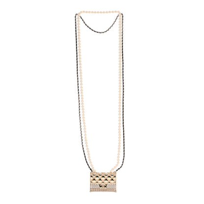 Chanel Metal Lambskin Pearl Chain Flap Bag Long Necklace Gold Black Pearly White 3 of 6