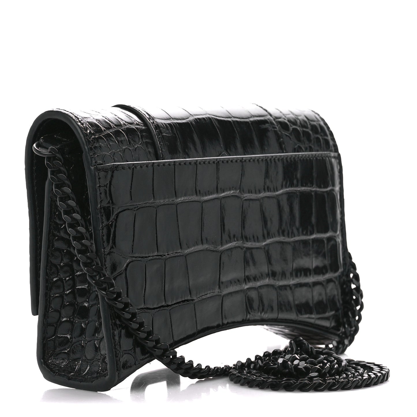 Shiny Calfskin Monochrome Crocodile Embossed Hourglass Chain Bag Black