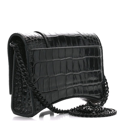 Balenciaga Shiny Calfskin Monochrome Crocodile Embossed Hourglass Chain Bag Black 3 of 11
