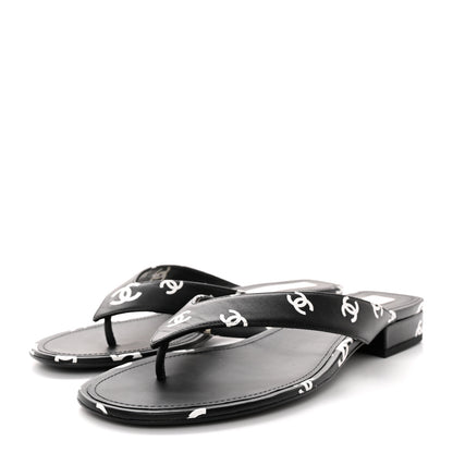 Chanel Printed Lambskin Coco Beach Thong Sandals 41 Black White 3 of 14