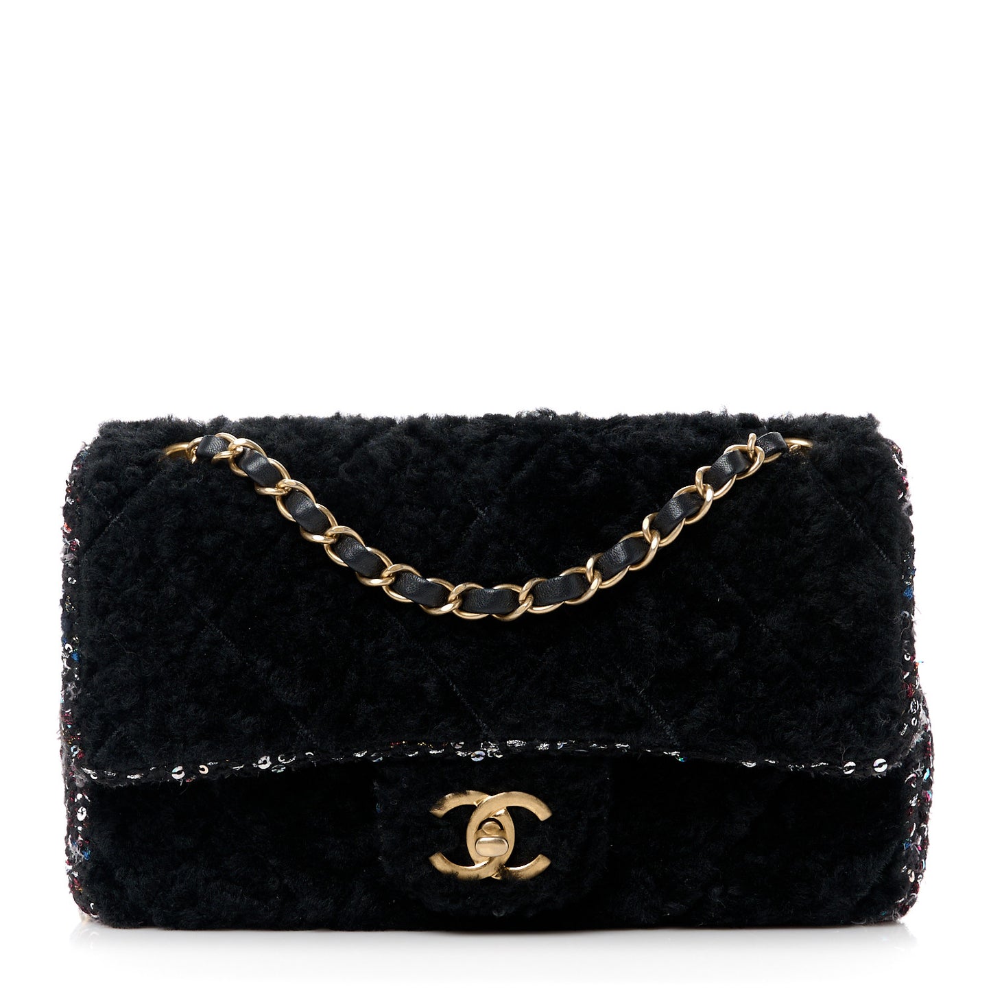 Shearling Sheepskin Tweed Quilted Single Flap Black