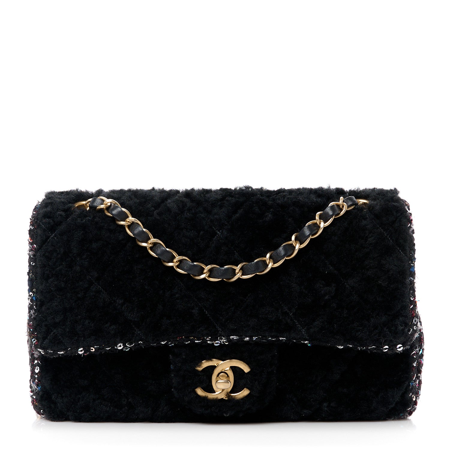 Chanel Shearling Sheepskin Tweed Quilted Single Flap Black 1 of 12