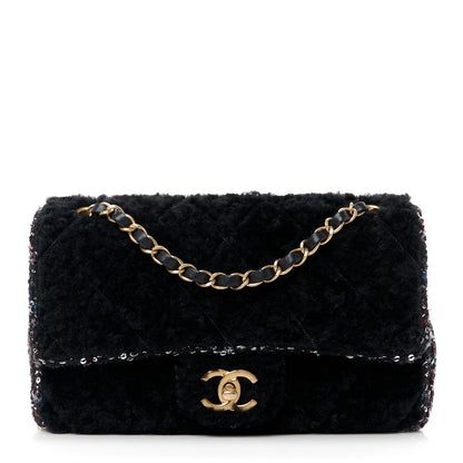 Chanel Shearling Sheepskin Tweed Quilted Single Flap Black 1 of 12