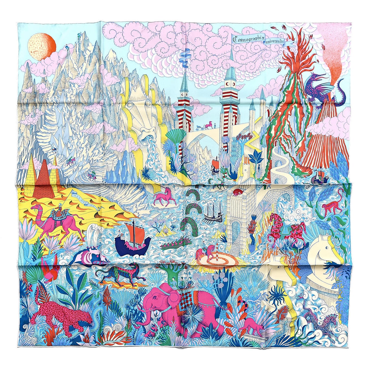Silk Cosmographia Universalis Scarf 90 Turquoise Jaune Rose