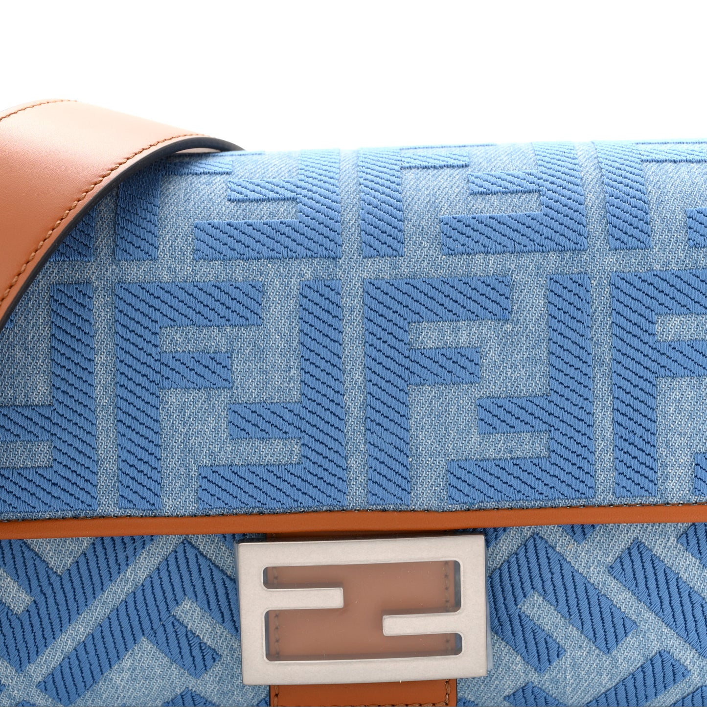 Denim Vitello King FF Embroidered Baguette Denim Chiaro Brandy