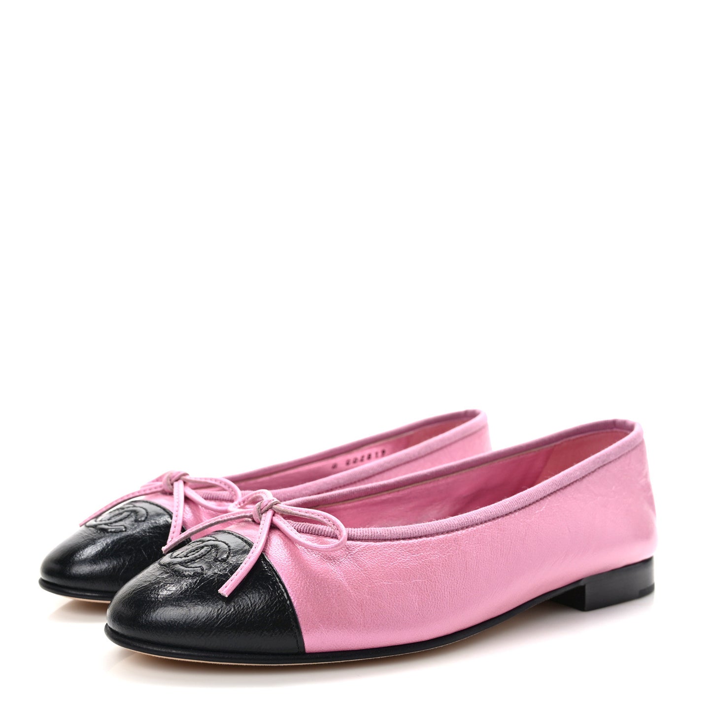 Laminated Crumpled Lambskin Cap Toe CC Ballerina Flats 36.5 Pink Black