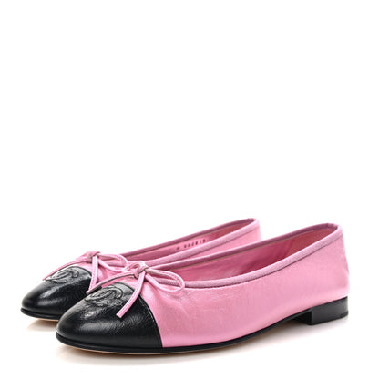 Chanel Laminated Crumpled Lambskin Cap Toe CC Ballerina Flats 36.5 Pink Black 3 of 8