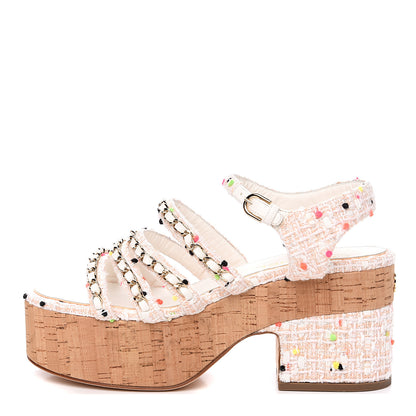 Chanel Tweed Chain Platform Sandals 41 Coral White 1 of 10