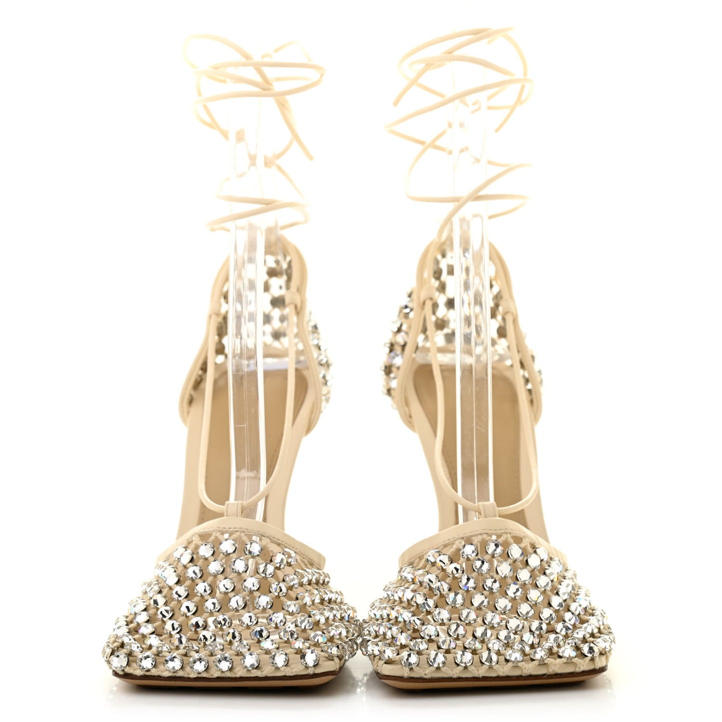 Mesh Nappa Crystal Embellished Sparkle Stretch Ankle Tie Sandals 38 Toile