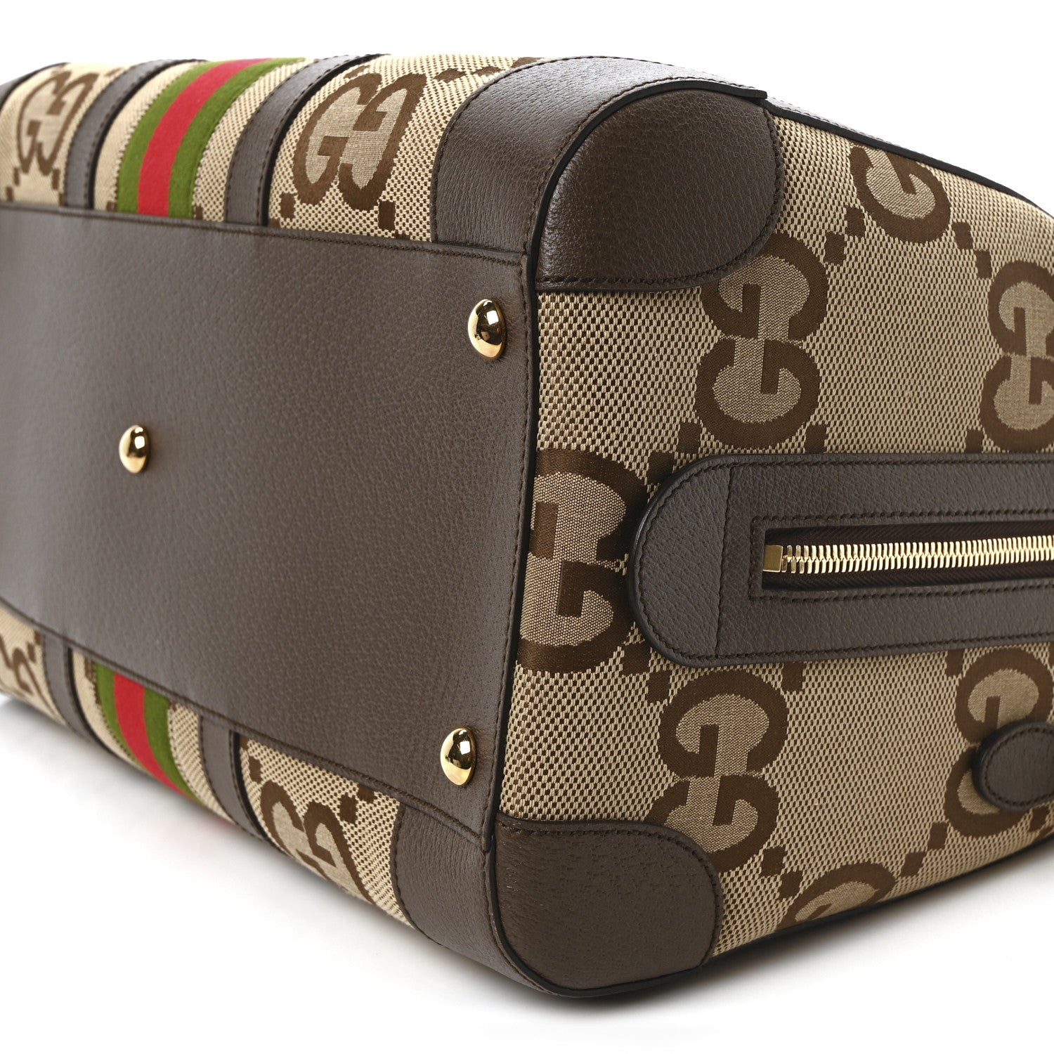 Gucci Monogram Jumbo GG Textured Dollar Calfskin Web Medium Duffle Bag Camel Ebony 10 of 10