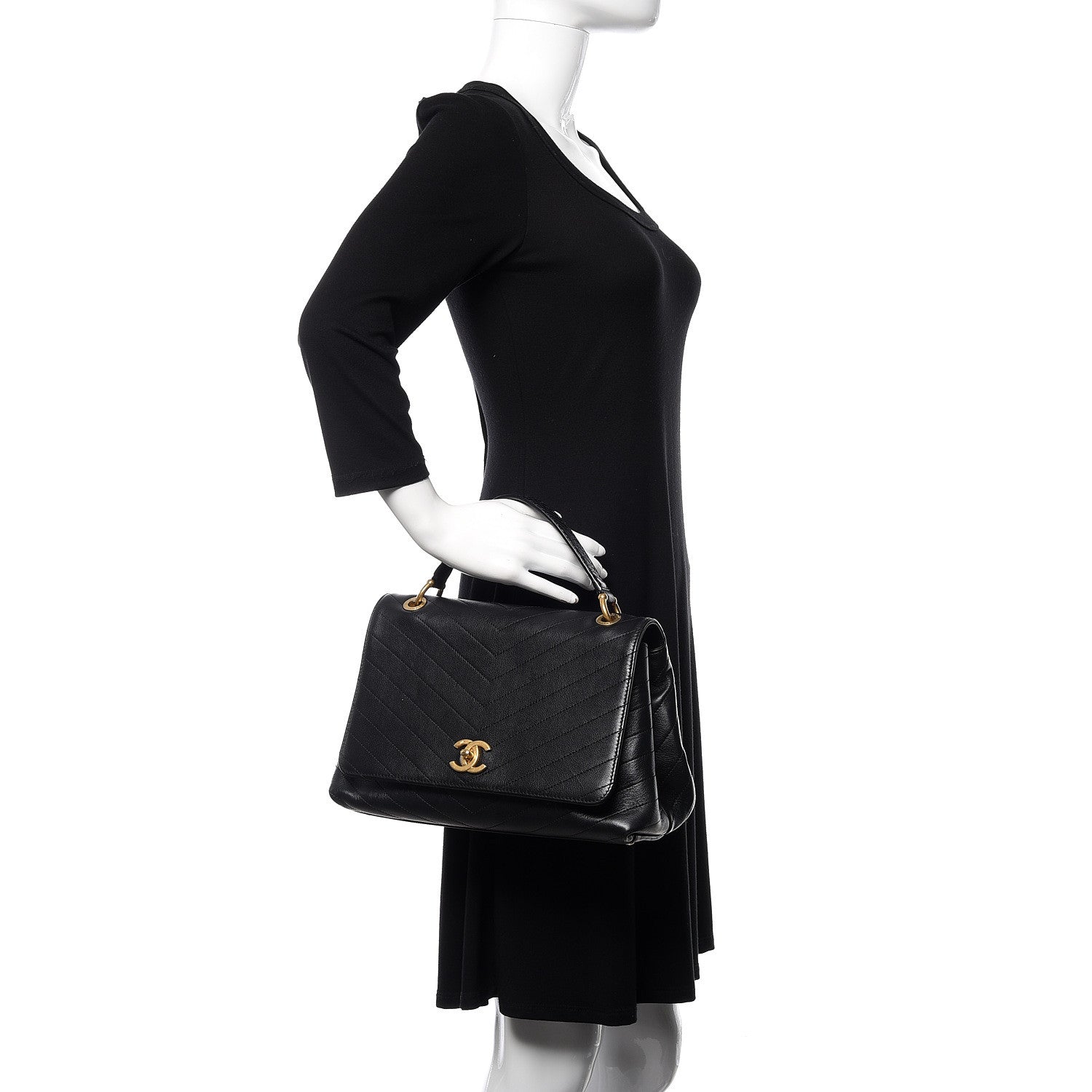 Chanel Grained Calfskin Elaphe Stitched Medium Chevron Chic Top Handle Flap Black 2 of 12