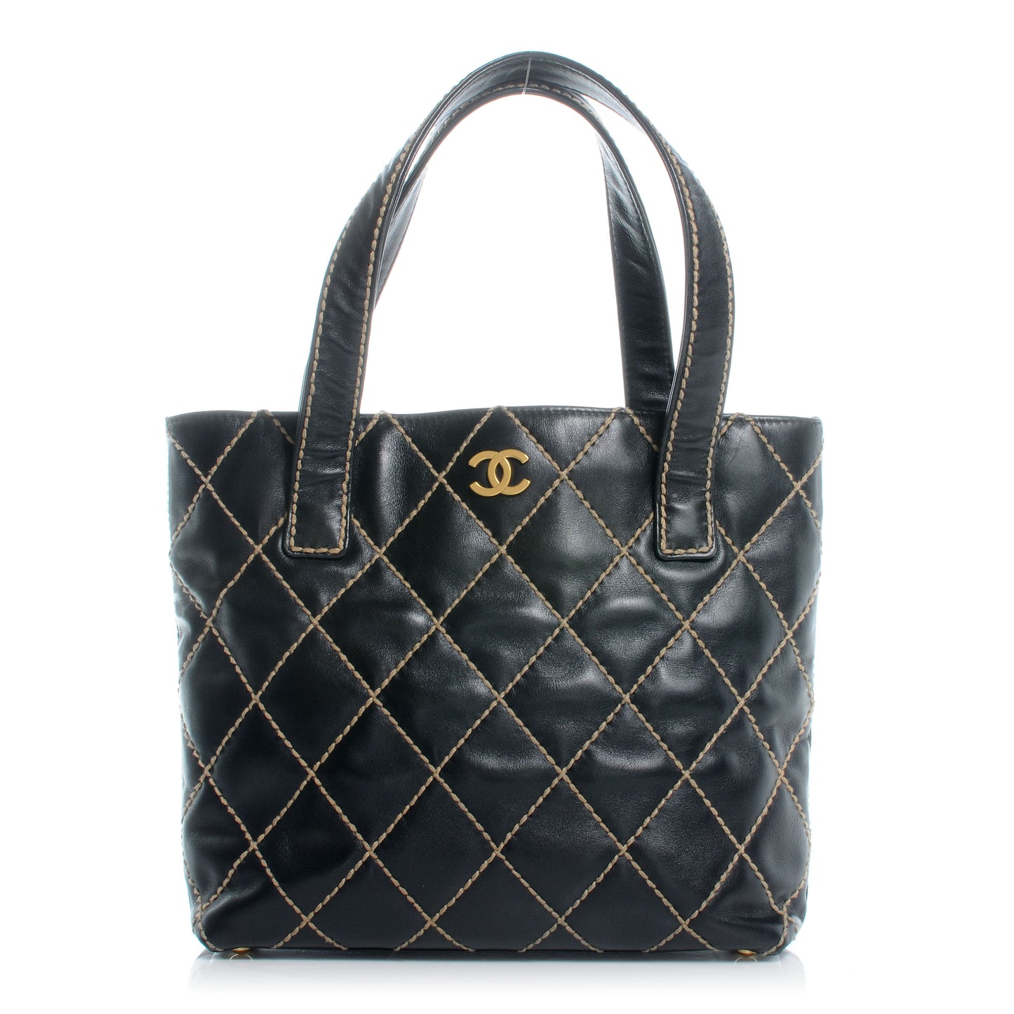 Calfskin Contrast Stitch Surpique Tote Black