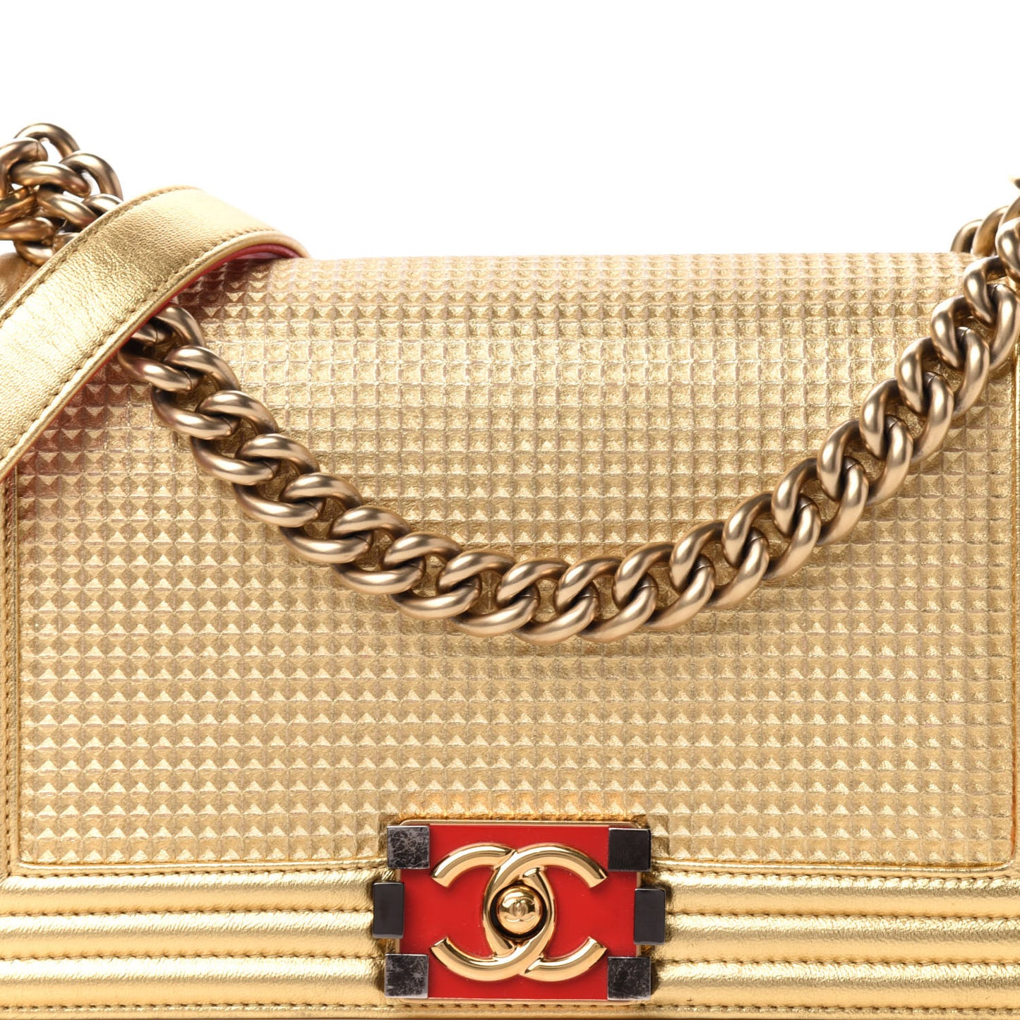 Metallic Lambskin Embossed Medium Cube Boy Flap Gold