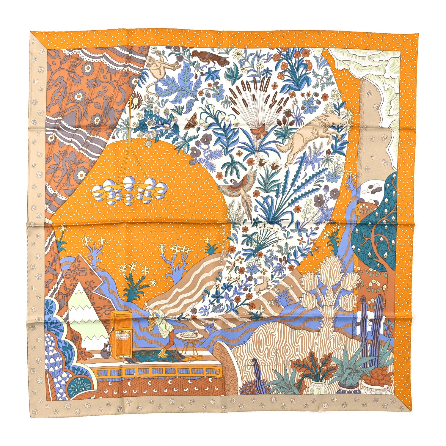 Hermes Silk Le Premier Chant Scarf 90 Caramel White Vert 1 of 4