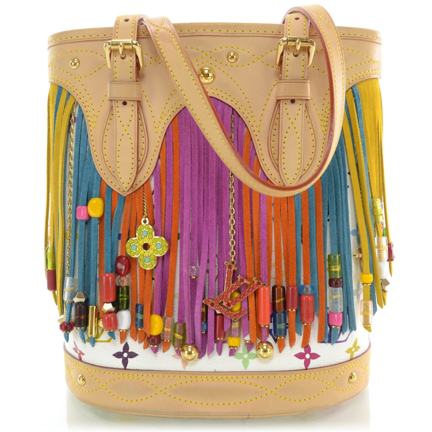 Monogram Multicolor Fringe Bucket White