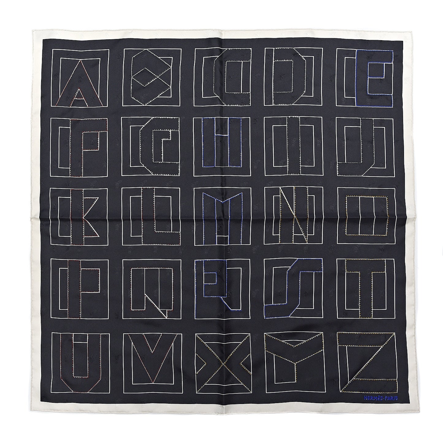 Silk Embroidered Alphabet Finesse Exceptional Scarf 70 Black White
