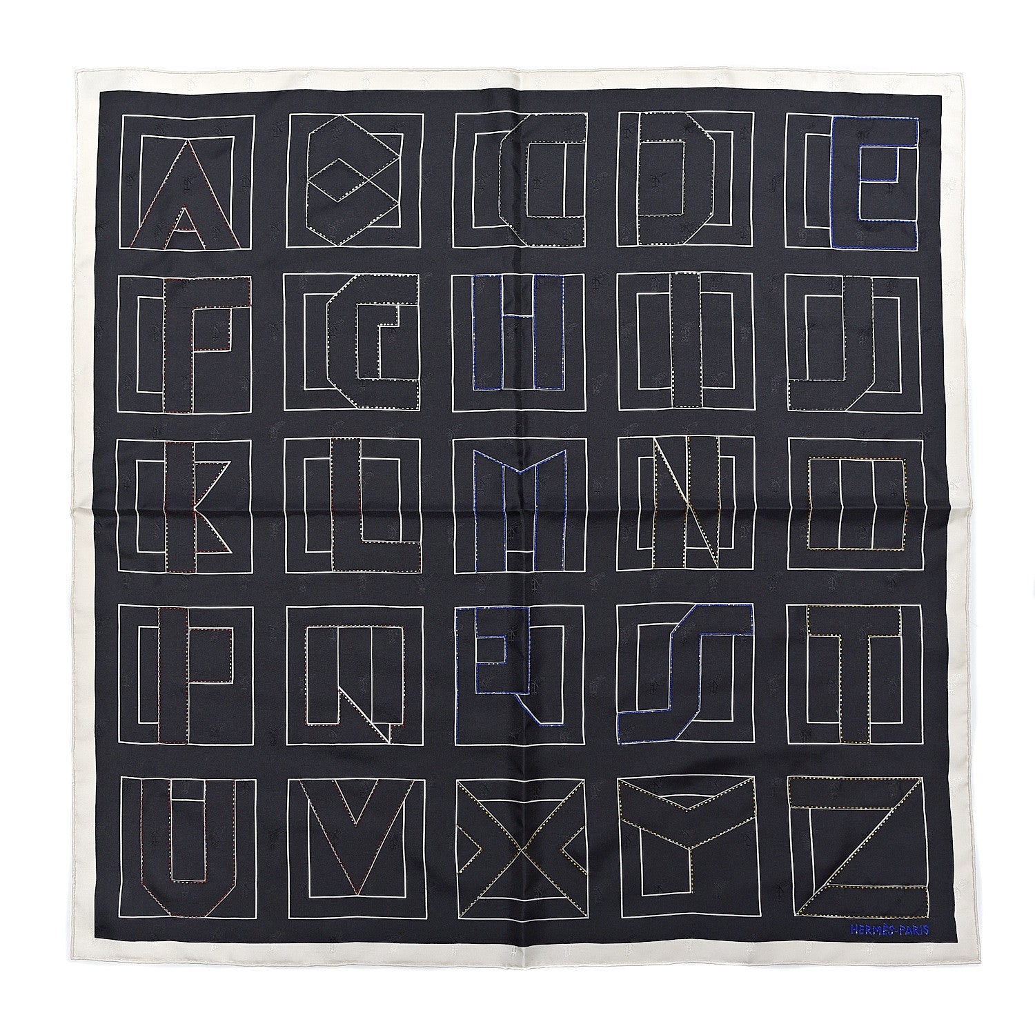 Hermes Silk Embroidered Alphabet Finesse Exceptional Scarf 70 Black White 1 of 4