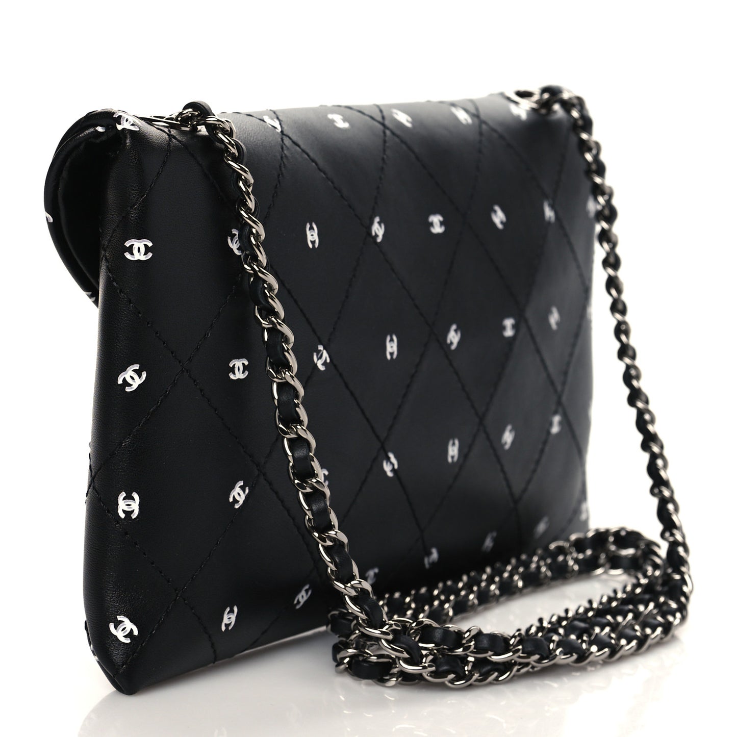 Printed Lambskin Logo CC Envelope Clutch With Chain Black White