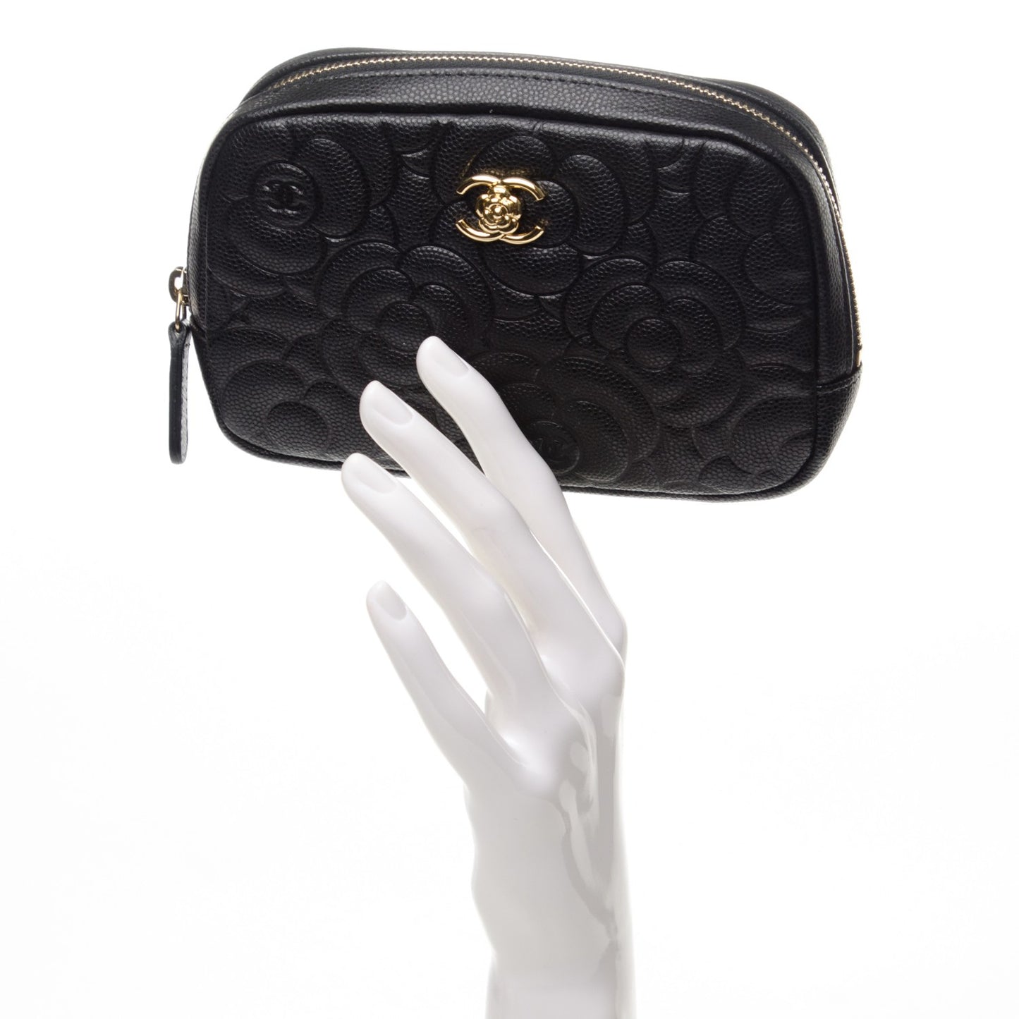 Caviar Camellia Embossed Small Cosmetic Case Black
