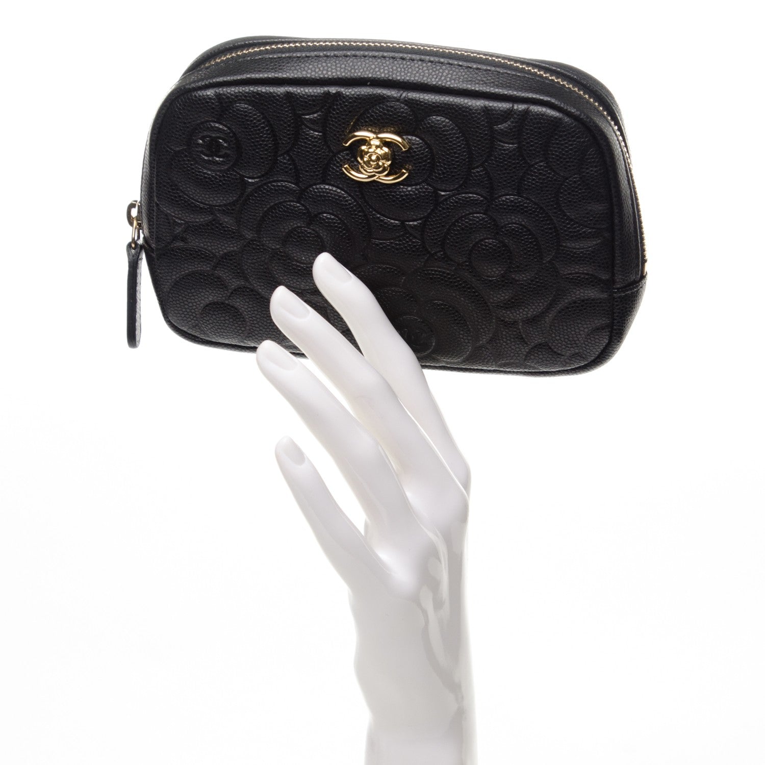 Chanel Caviar Camellia Embossed Small Cosmetic Case Black 2 of 7